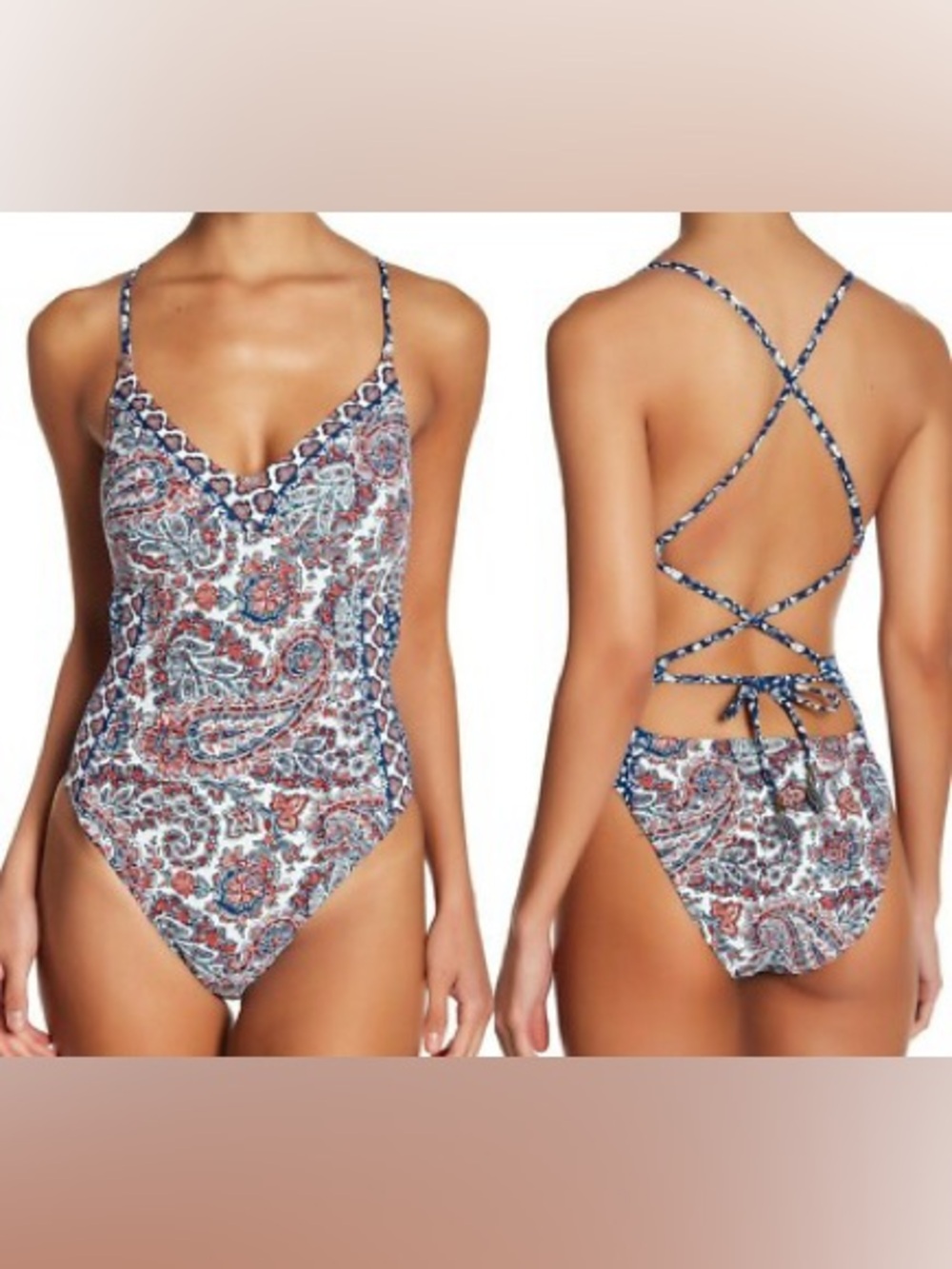 Lucky Brand Hailey One Piece Paisley Lace-Up Swimsuit